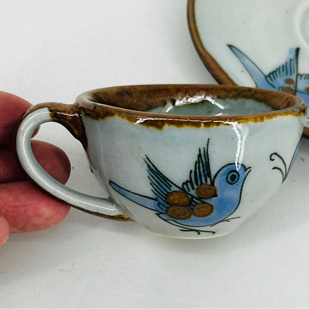 Vintage Ken Edwards Tonala Pottery Cup & Saucer Set El Palomar Blue Bird Signed - Picture 11 of 14